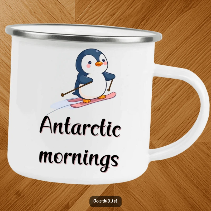 Durable camping mug featuring a funny penguin skier joyfully descending a snowy slope, bringing humor to outdoor adventures.