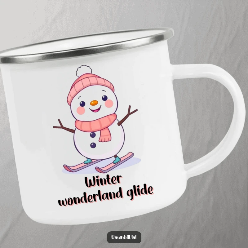 Durable camping mug featuring a funny, wobbling snowman on tiny skis, bringing holiday humor and cheer to outdoor activities.