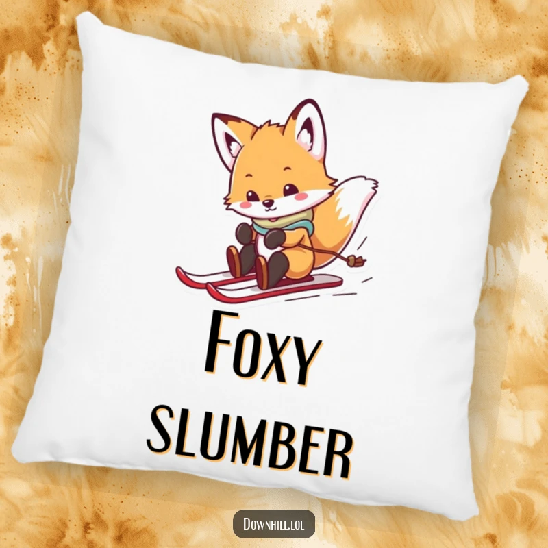 Soft pillow featuring a funny, playful fox cub in skis, spinning and sliding with glee, perfect for adding cozy amusement.