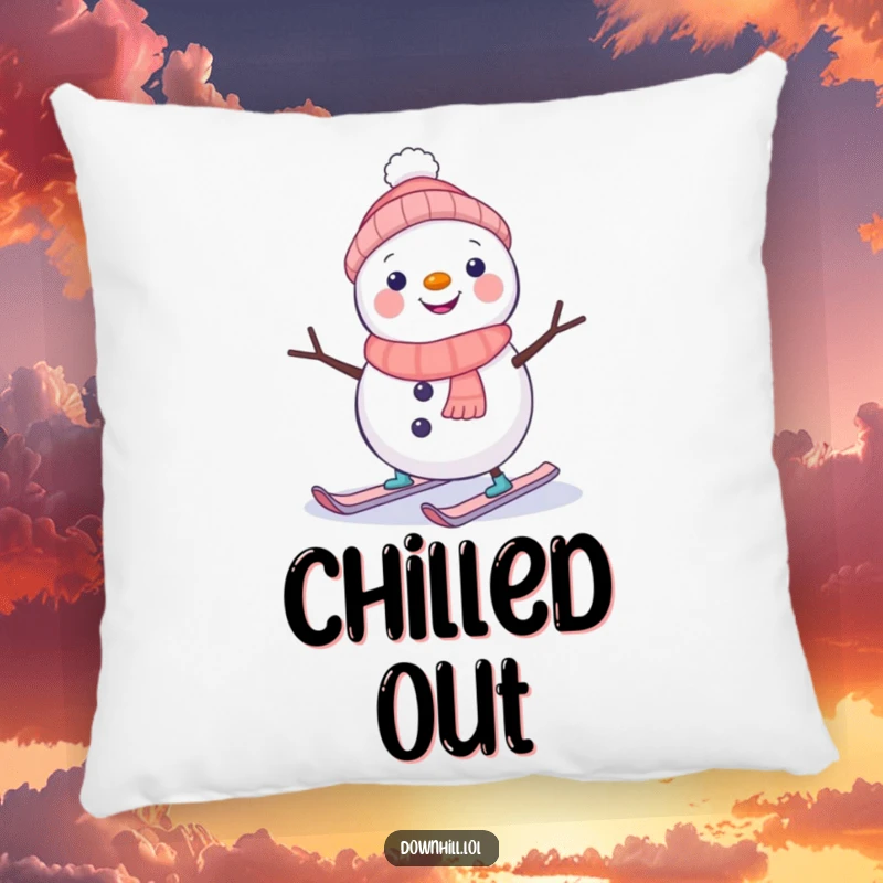 Soft pillow showcasing a funny snowman character, hilariously wobbling on tiny skis, ideal for adding cozy humor to any seating.