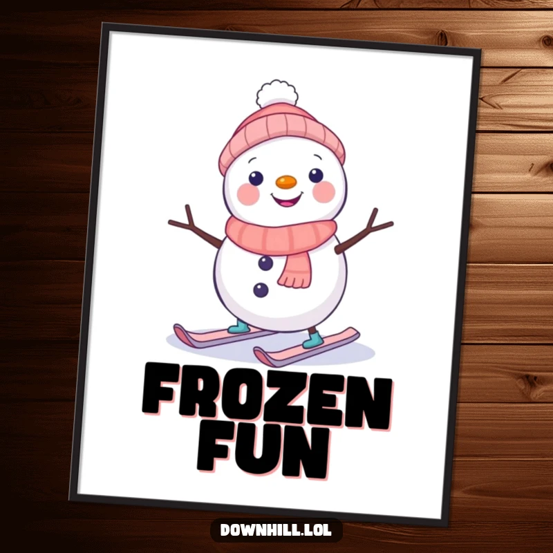 Funny snowman character hilariously wobbling on tiny skis, as a downloadable digital art print for instant humorous winter decor.