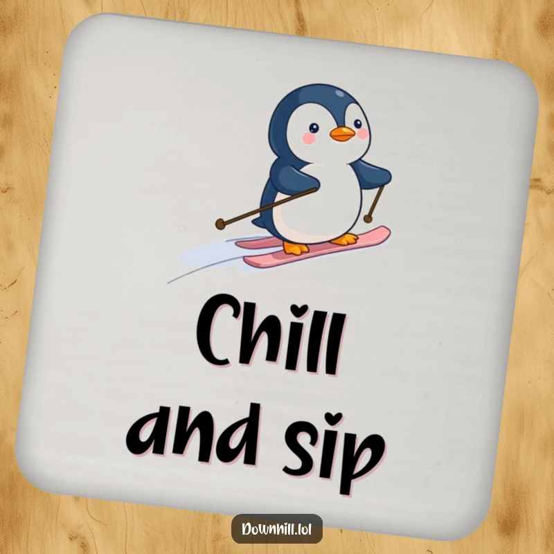 Funny penguin skier on a drink coaster, humorously navigating a gentle slope, protecting surfaces with a smile.