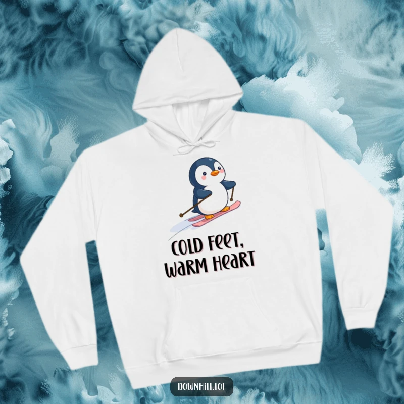 Cozy hoodie featuring a funny cartoon penguin in tiny skis, descending a snowy hill, perfect for winter warmth and humor.