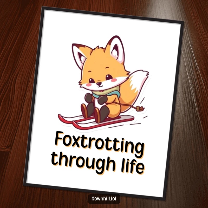 Funny Free Printable Wall Art: A playful fox cub on skis spins and slides with energetic joy down a snowy slope.