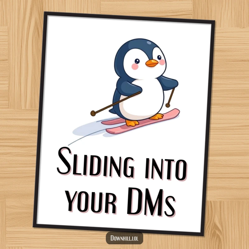 Funny Free Printable Wall Art: A small penguin on tiny skis glides down a gentle slope, adding cozy winter humor to your decor.