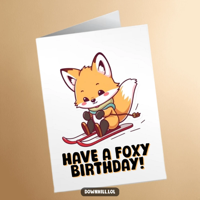 Funny Free Printable Birthday Card: A playful fox cub on skis slides and spins joyfully down a snowy hill.