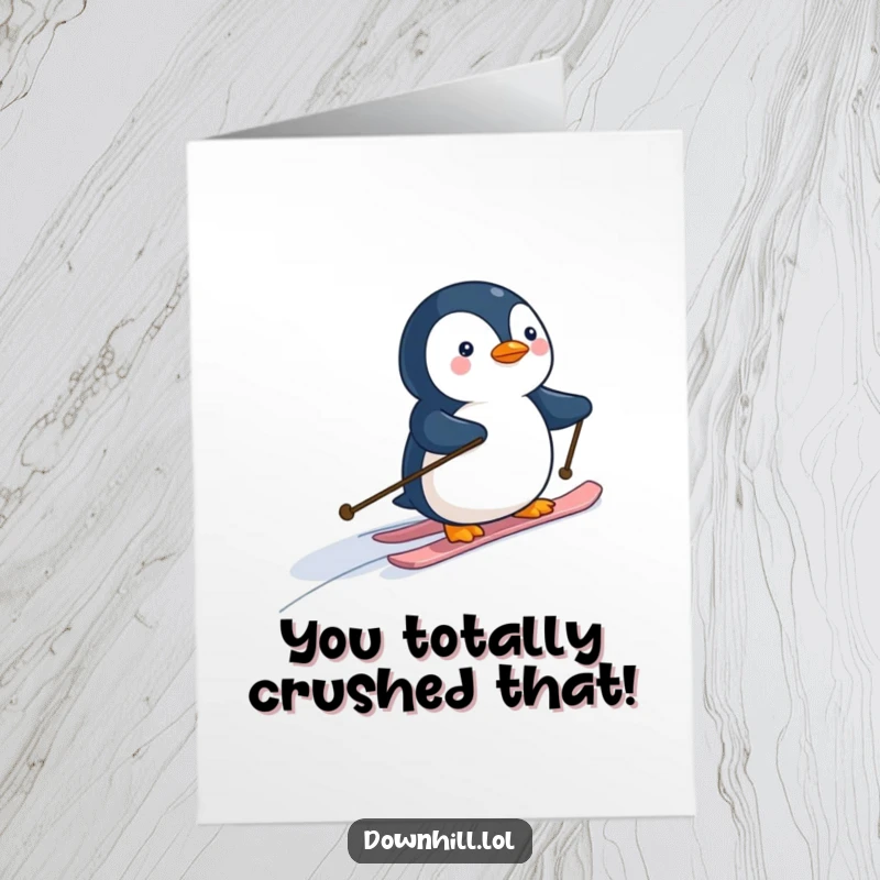 Funny Free Printable Congratulations Card: A small penguin on skis achieves a sleek descent, celebrating your success with style.