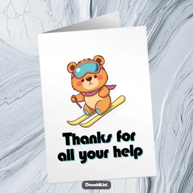 Funny Free Printable Thank You Card: A determined bear on skis makes a slightly clumsy descent, expressing heartfelt thanks.