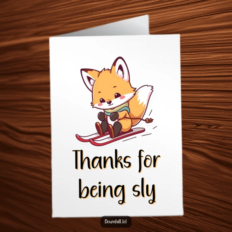 Funny Free Printable Thank You Card: A playful fox cub on skis spins and slides, sending cheerful thanks.