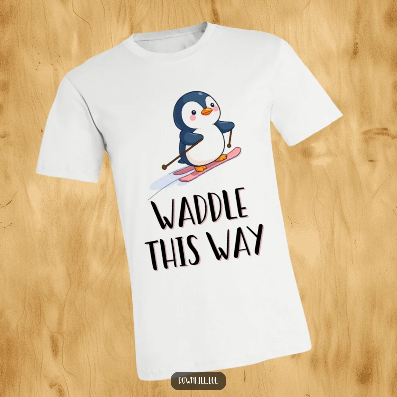 Funny cartoon penguin on a t-shirt, wearing tiny skis and gliding down a gentle slope, evoking joy and winter cheer.