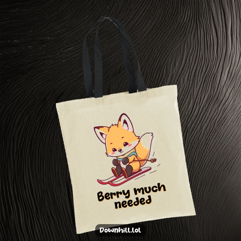 Durable tote bag featuring a funny, playful fox cub on skis, spinning and sliding with joyful abandon, a charming accessory.