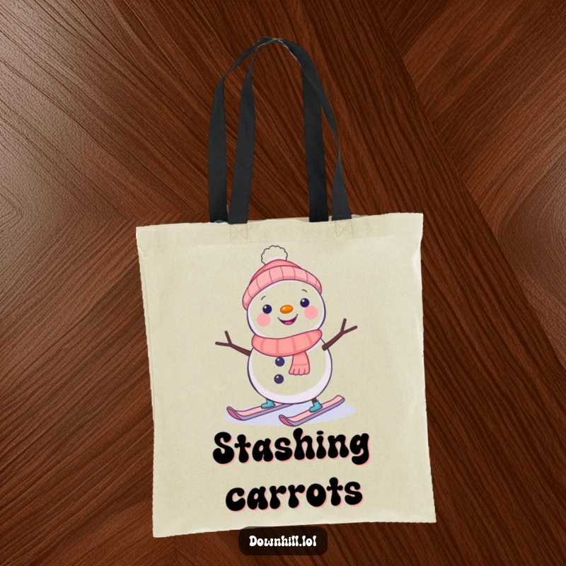 Durable tote bag featuring a funny, wobbling snowman on tiny skis, perfect for carrying essentials with a dose of winter amusement.
